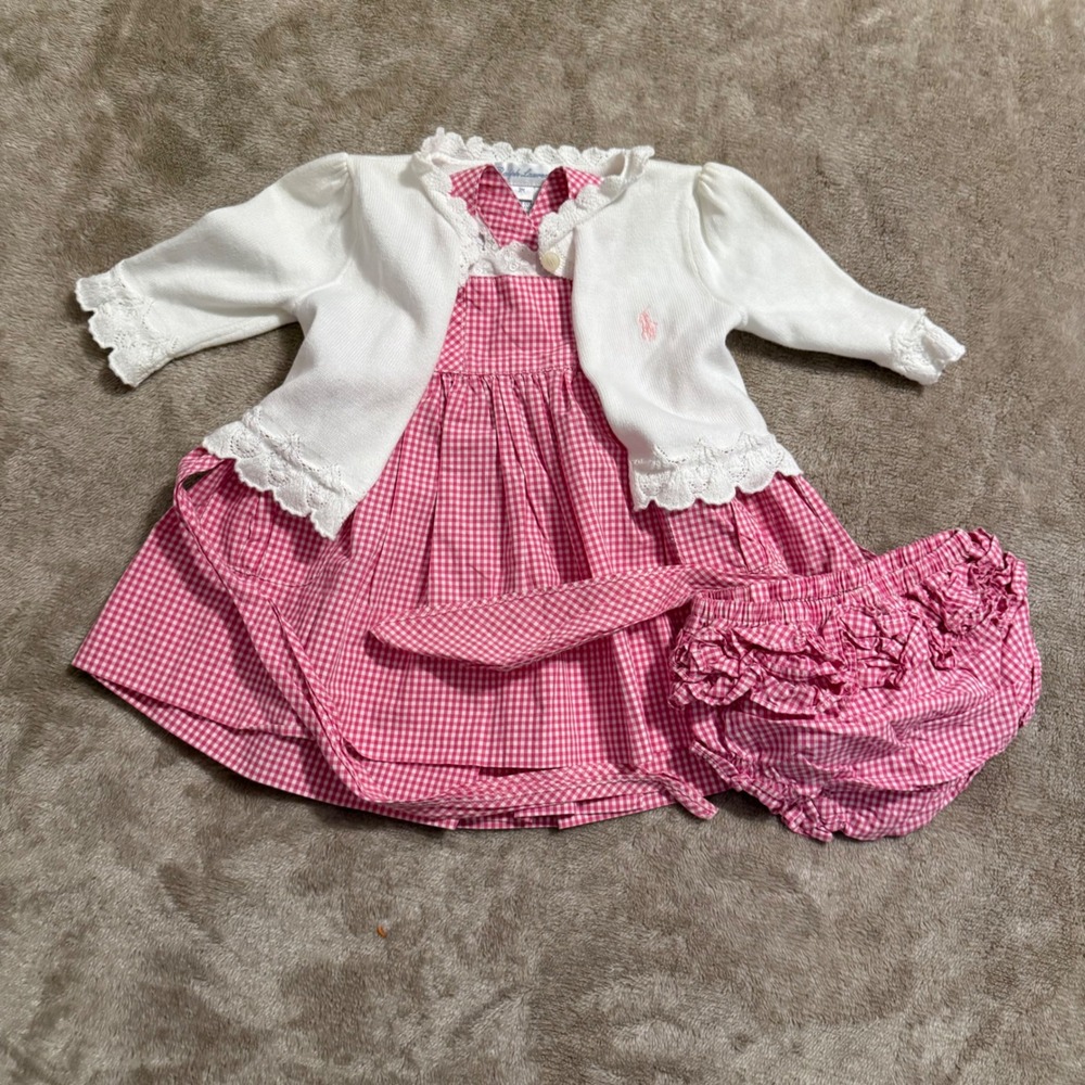 Ralph Lauren Baby Girls Pink Gingham Dress Bloomers & White Cardigan Set 3M NWT
